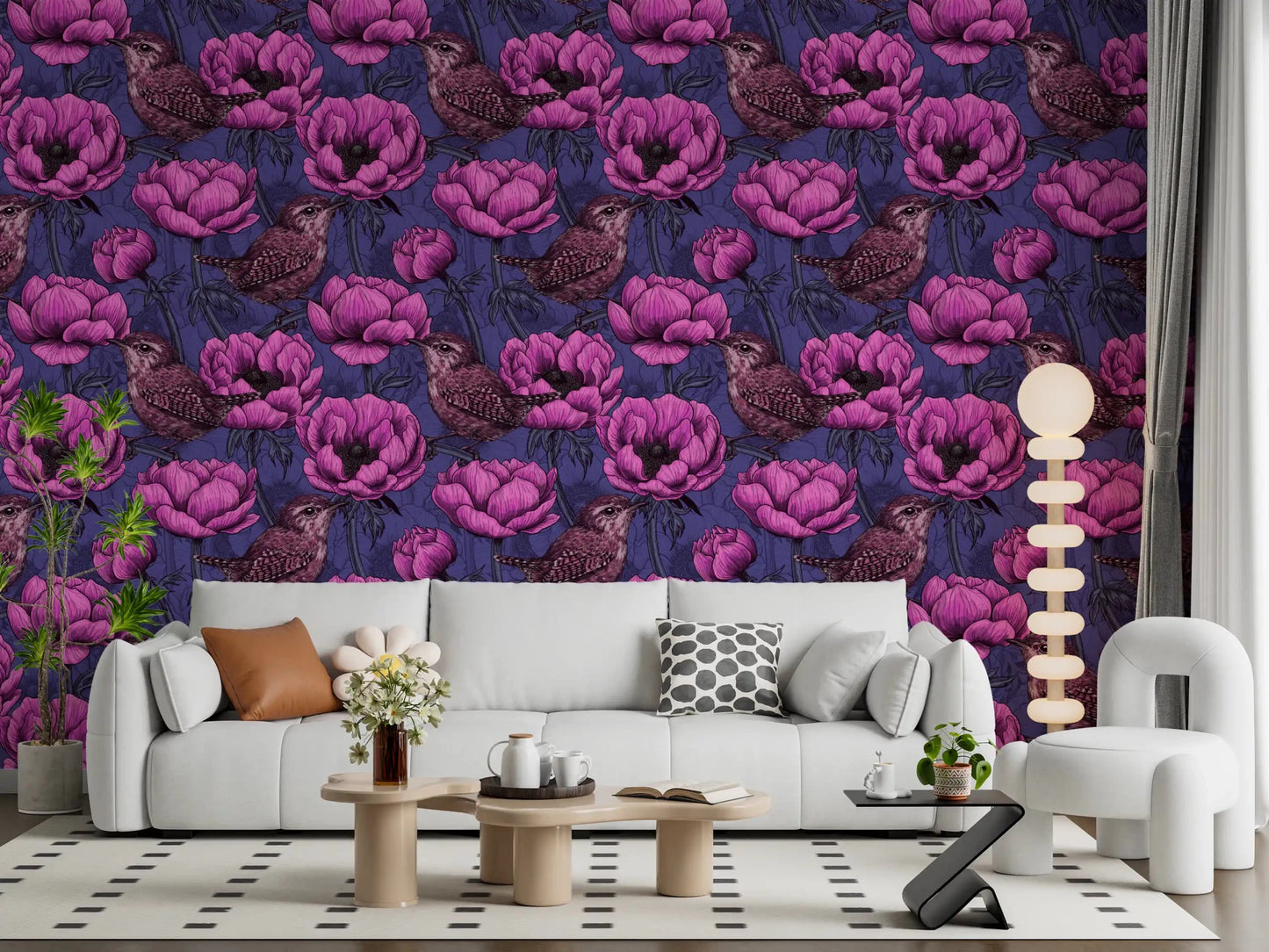 Living room with Wrens in the Anemone wallpaper and purple floral detail, GD9300