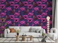 Living room with Wrens in the Anemone wallpaper and purple floral detail, GD9300