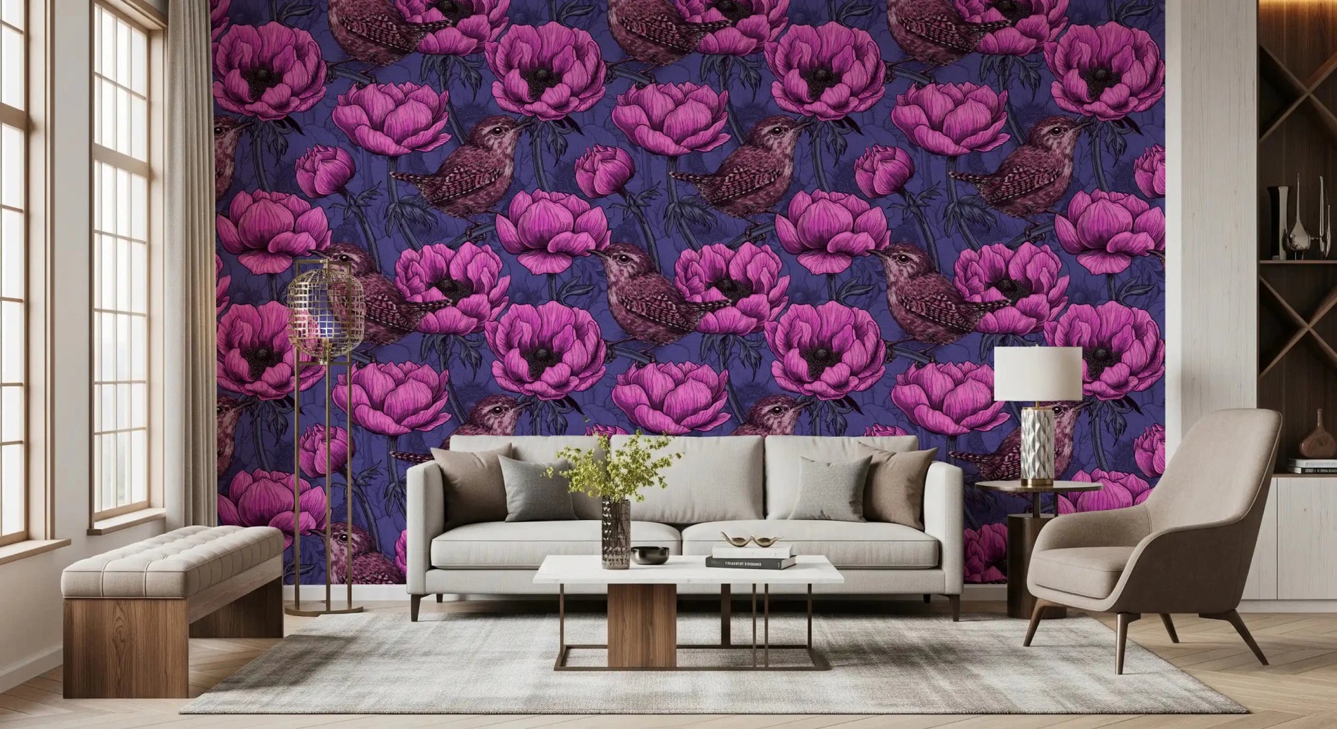 Rich purple Wrens in the Anemone wallpaper with detailed garden flowers, GD9300