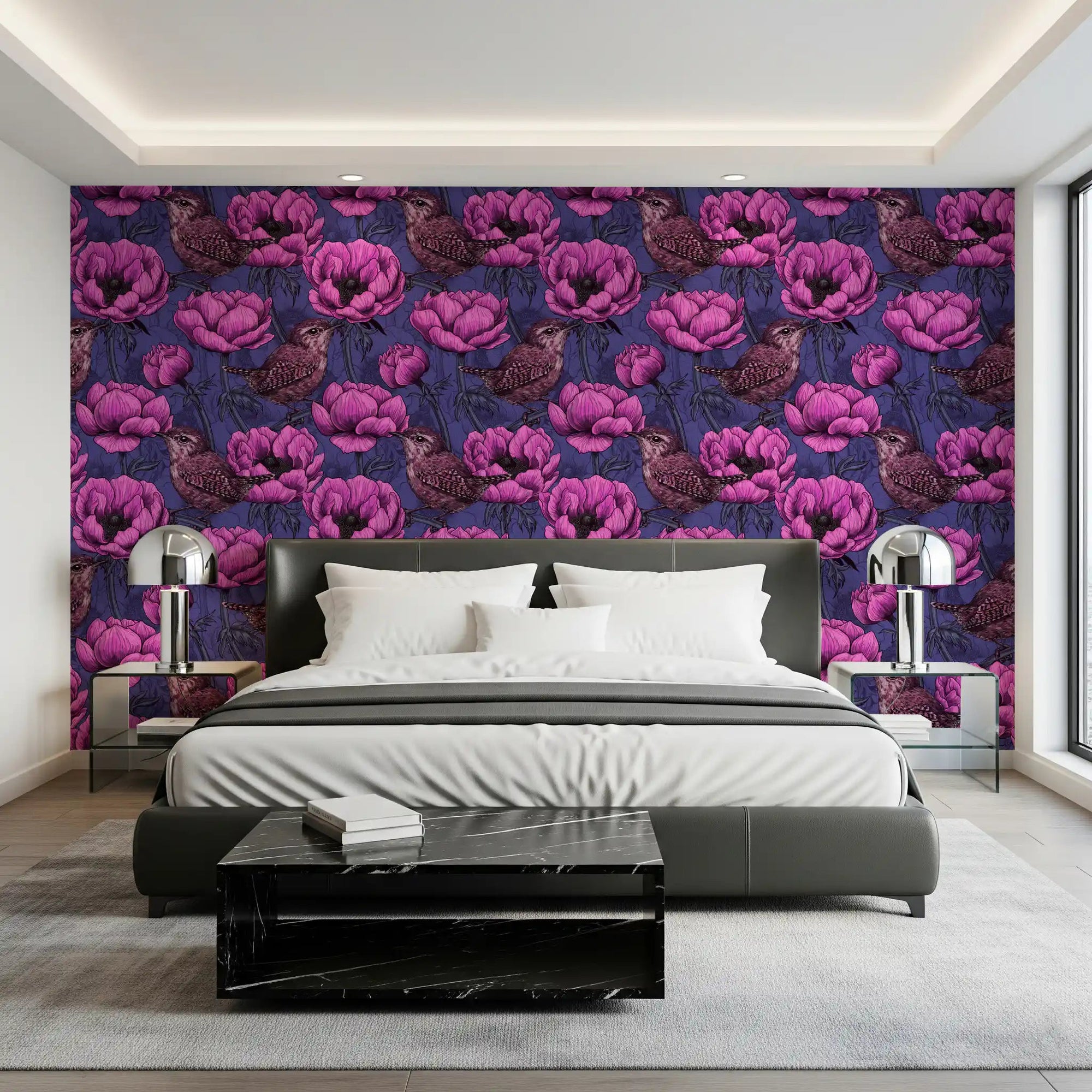 Bedroom wall in Wrens in the Anemone wallpaper with violet floral birds, GD9300