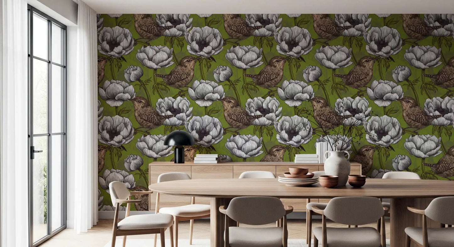 Floral bird wallpaper showing Wrens in the White Anemone pattern