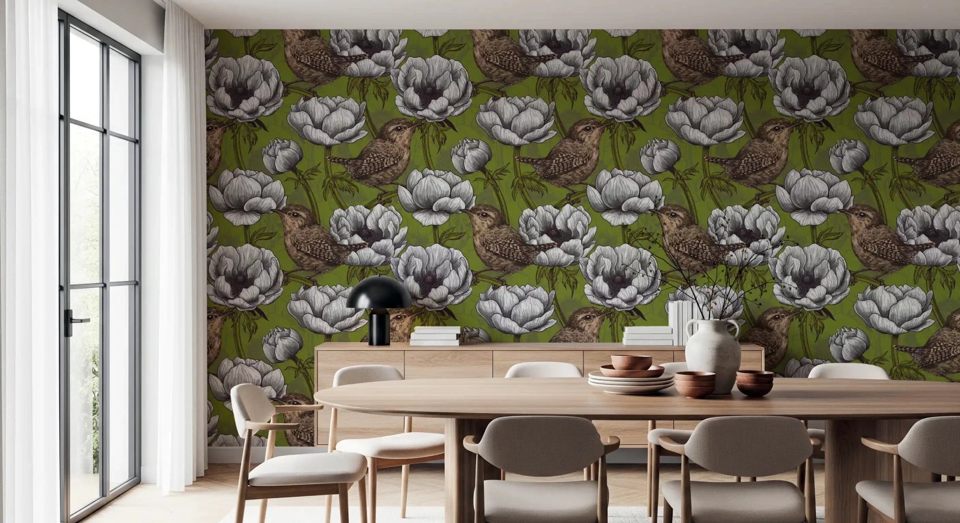 Floral bird wallpaper showing Wrens in the White Anemone pattern