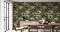 Floral bird wallpaper showing Wrens in the White Anemone pattern