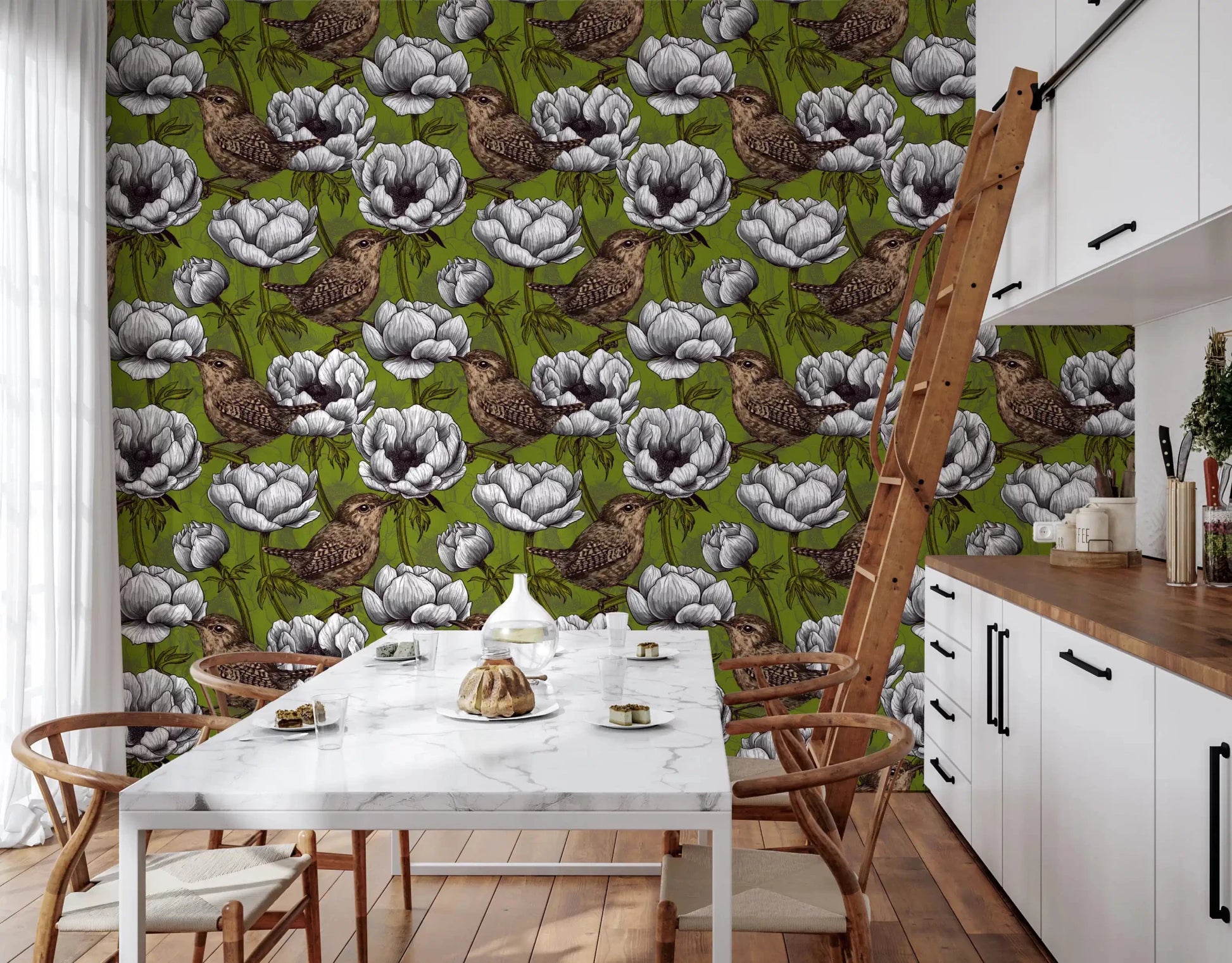 Nature wallpaper with Wrens in the White Anemone and soft petals