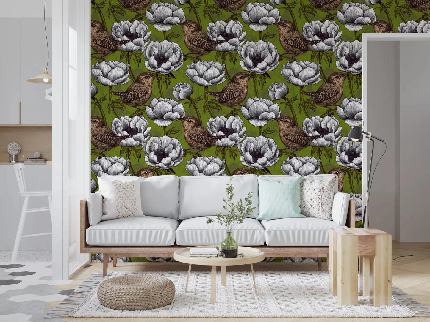 Vintage wallpaper with Wrens in the White Anemone on olive ground