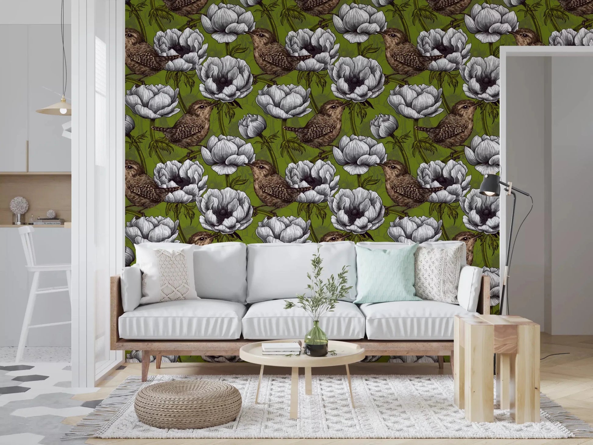 Vintage wallpaper with Wrens in the White Anemone on olive ground