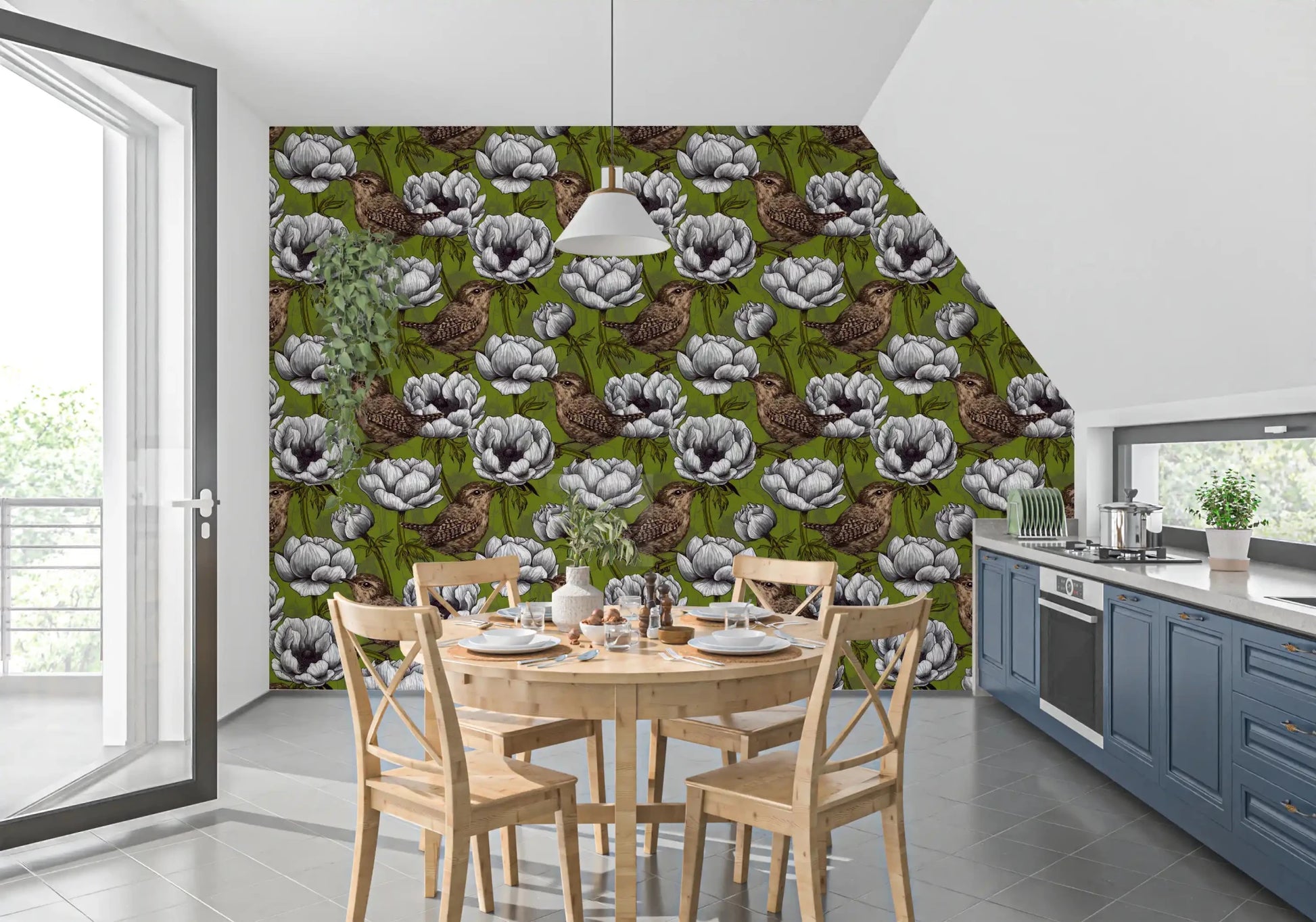 Wrens in the White Anemone wallpaper with white flowers and wrens