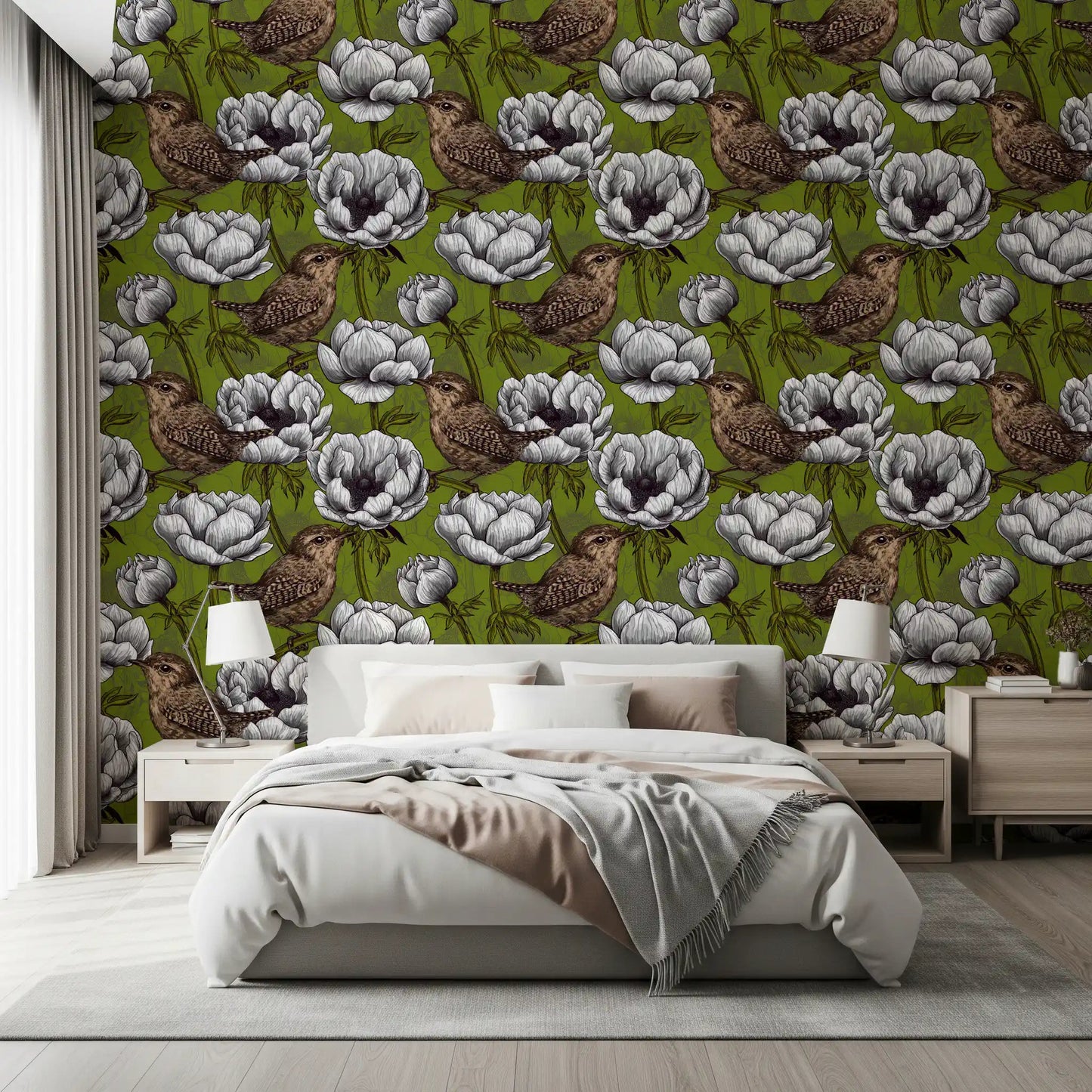 Wrens in the White Anemone wallpaper in bedroom with olive florals