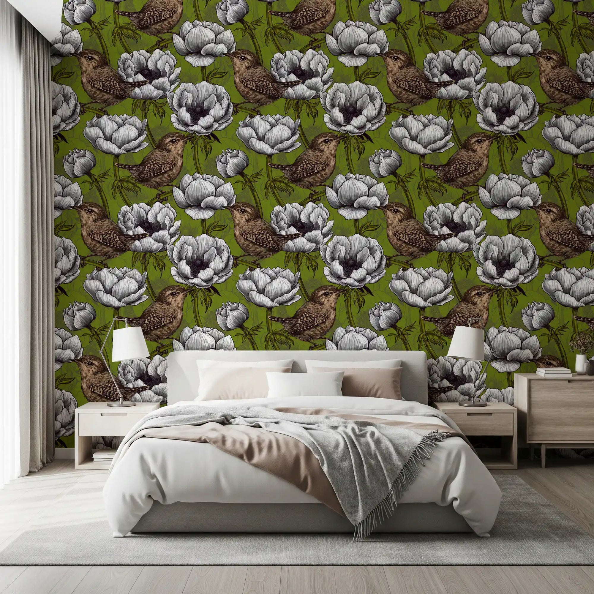 Wrens in the White Anemone wallpaper in bedroom with olive florals, GD9303