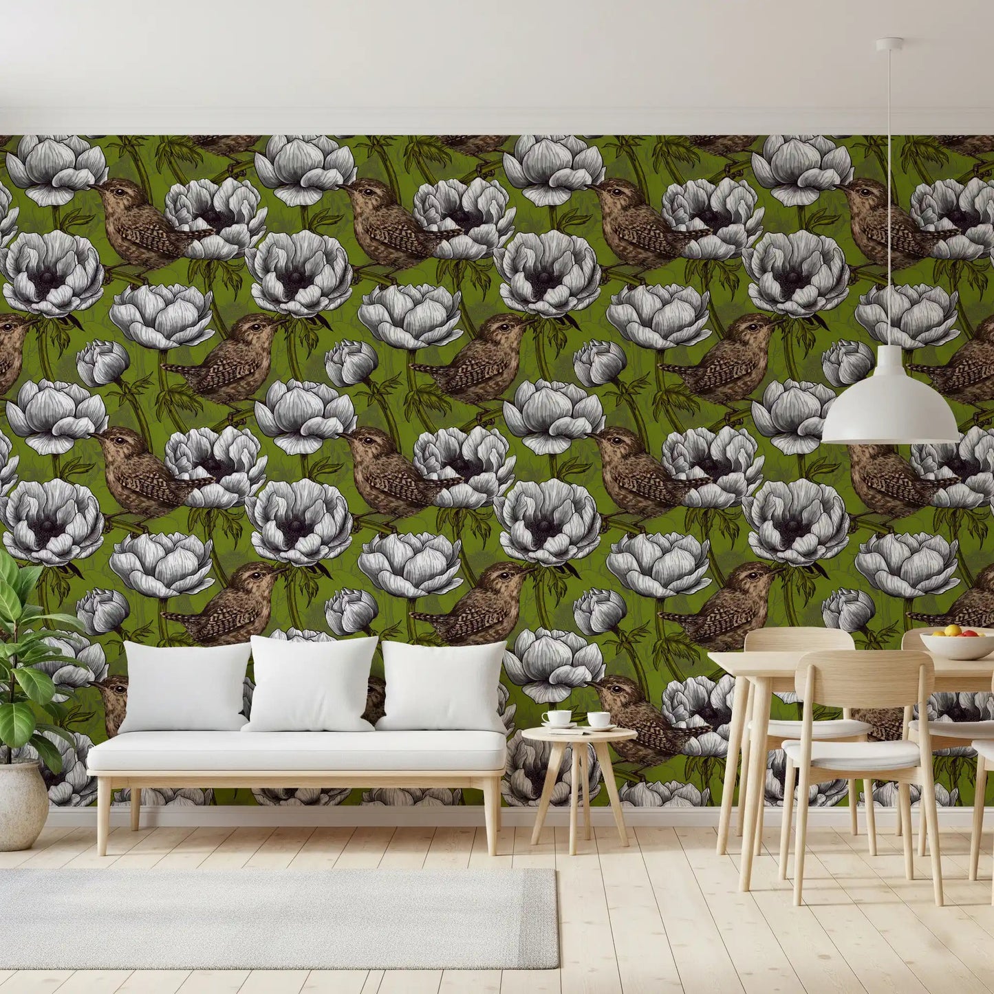 White flower wallpaper featuring Wrens in the White Anemone design