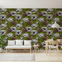 White flower wallpaper featuring Wrens in the White Anemone design