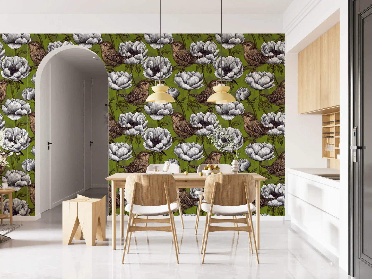 Botanical wallpaper with Wrens in the White Anemone and leafy stems