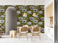 Botanical wallpaper with Wrens in the White Anemone and leafy stems