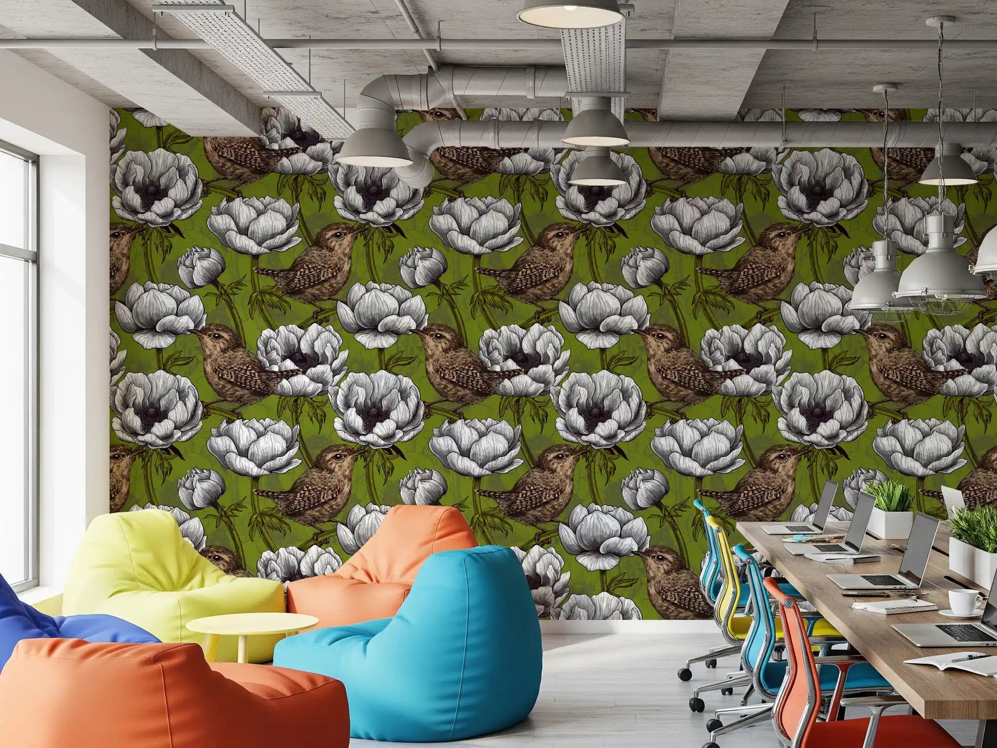 Office wall with Wrens in the White Anemone wallpaper and bird detail