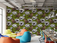 Office wall with Wrens in the White Anemone wallpaper and bird detail