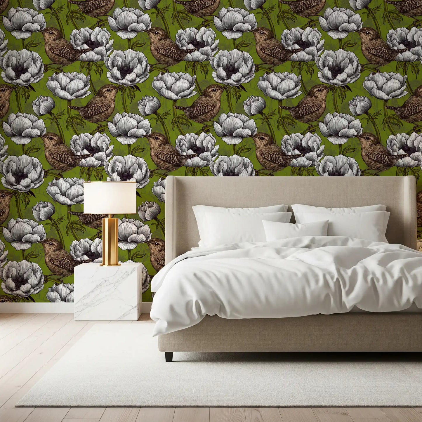 Bedroom with Wrens in the White Anemone wallpaper and white blooms