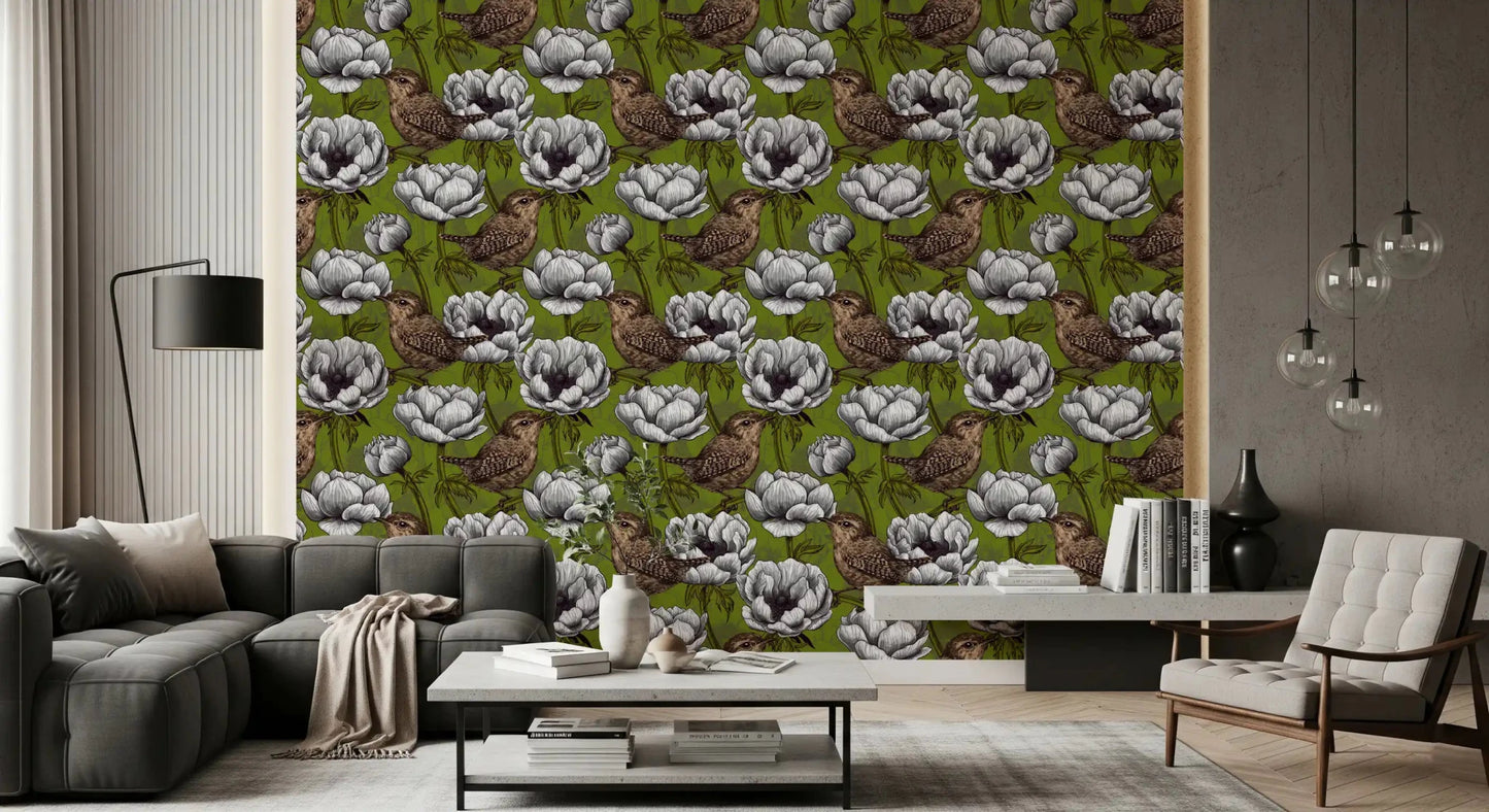 Wrens in the White Anemone wallpaper in living room with floral birds