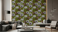 Wrens in the White Anemone wallpaper in living room with floral birds