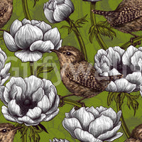 Decorative wallpaper with Wrens in the White Anemone and foliage