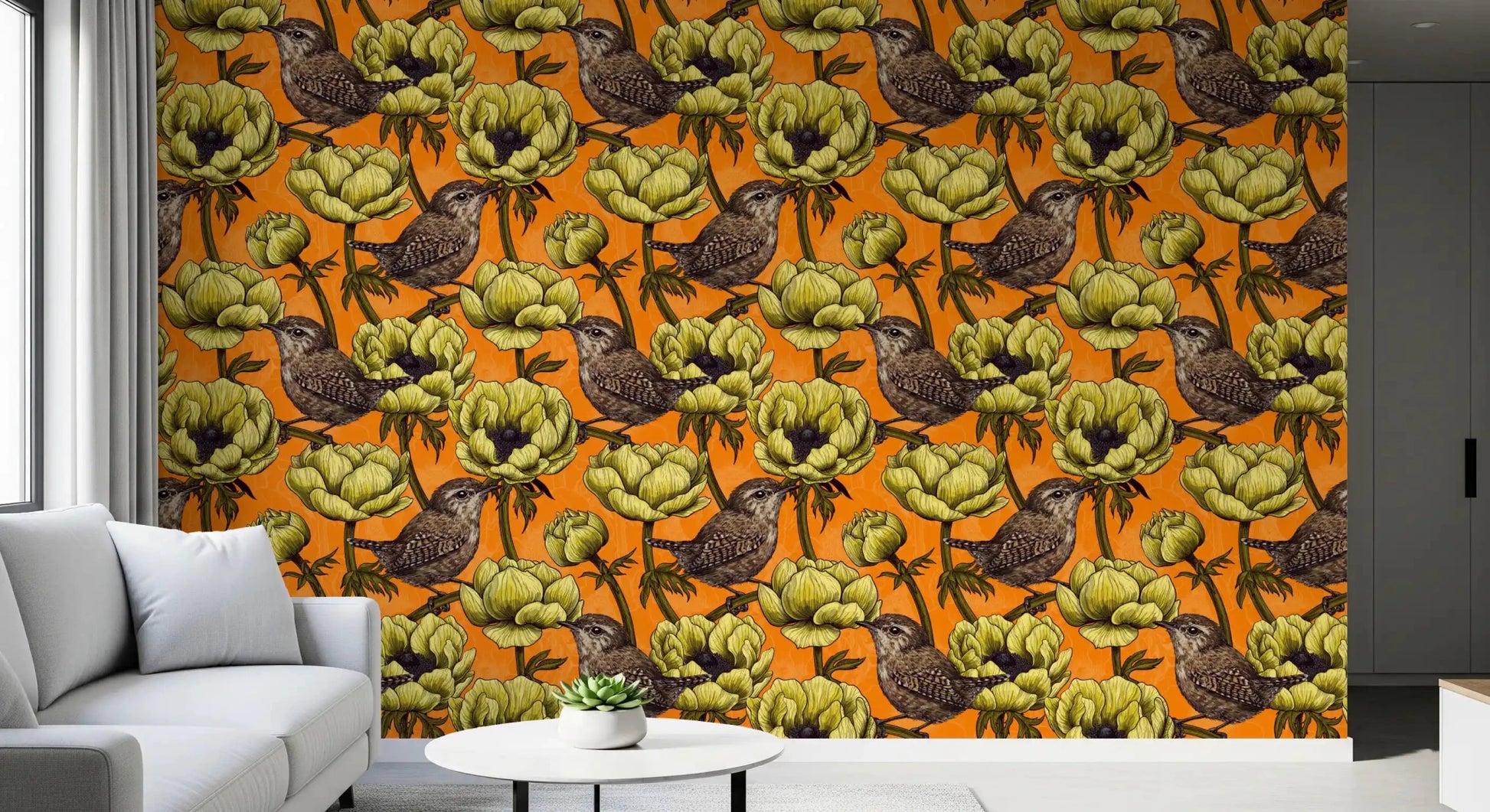 Rich orange wallpaper with Wrens in the Yellow Anemone floral repeat, GD9301