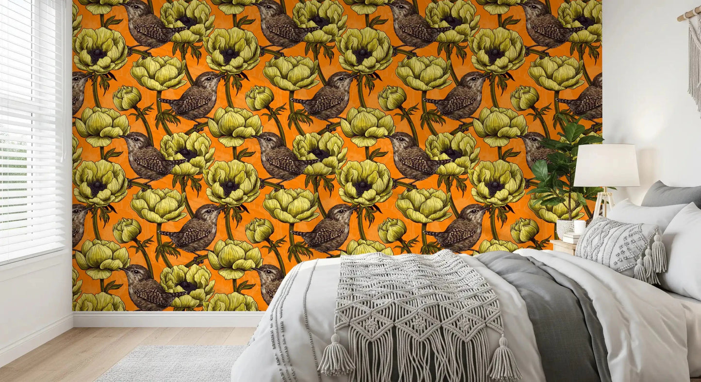 Bedroom styled in Wrens in the Yellow Anemone wallpaper with bird detail, GD9301
