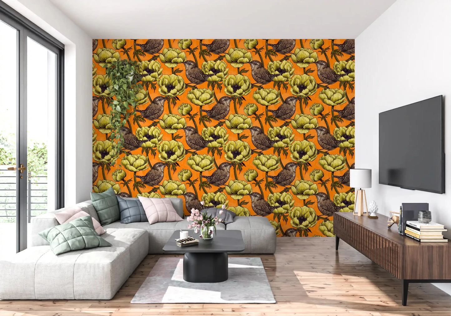Yellow anemone wallpaper with Wrens in the Yellow Anemone garden print, GD9301