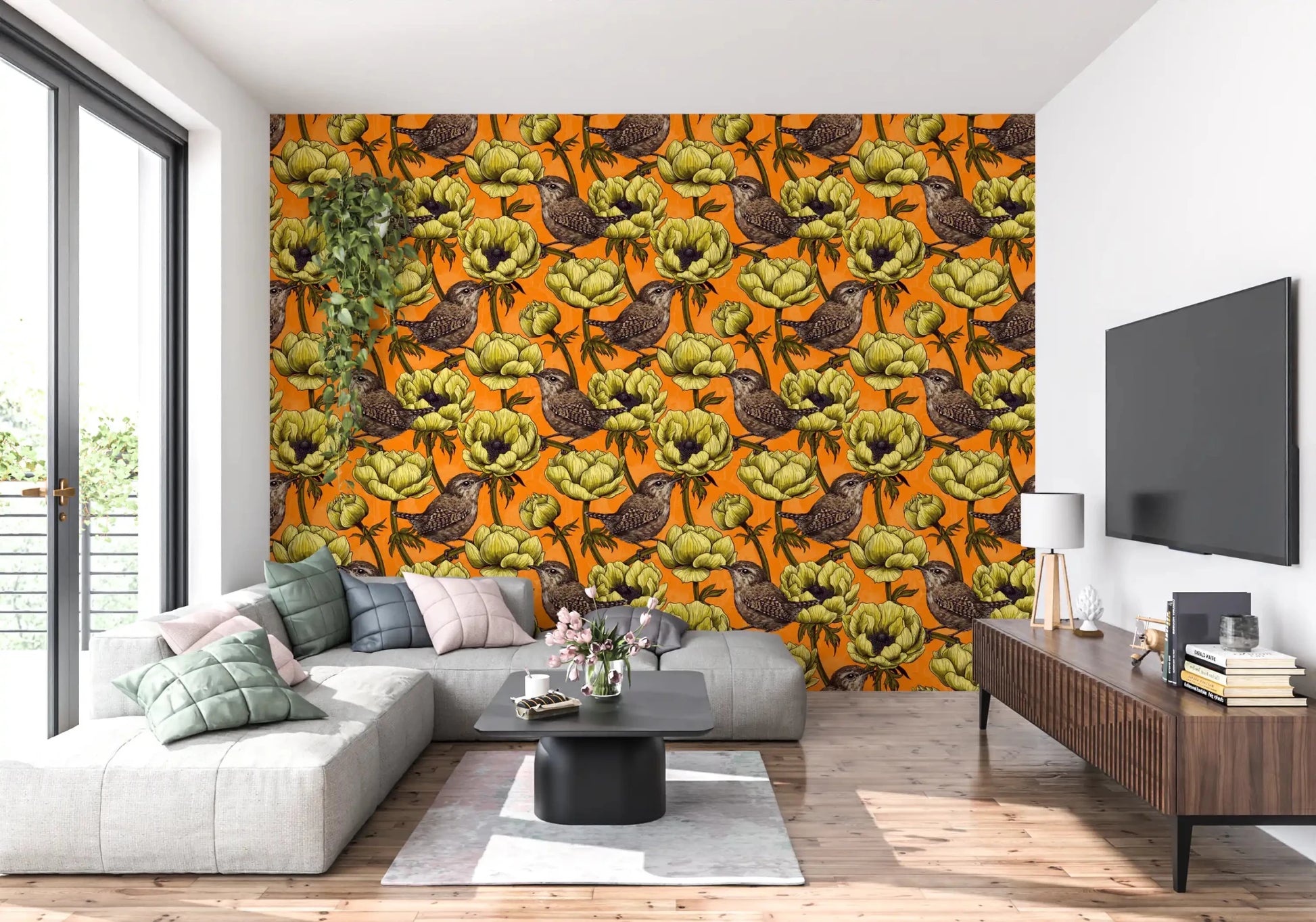 Yellow anemone wallpaper with Wrens in the Yellow Anemone garden print, GD9301