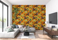Yellow anemone wallpaper with Wrens in the Yellow Anemone garden print, GD9301