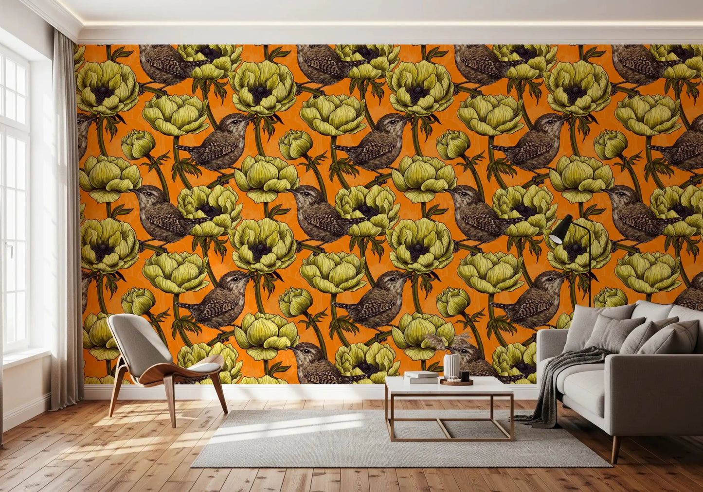 Perched birds in Wrens in the Yellow Anemone wallpaper with leafy stems, GD9301