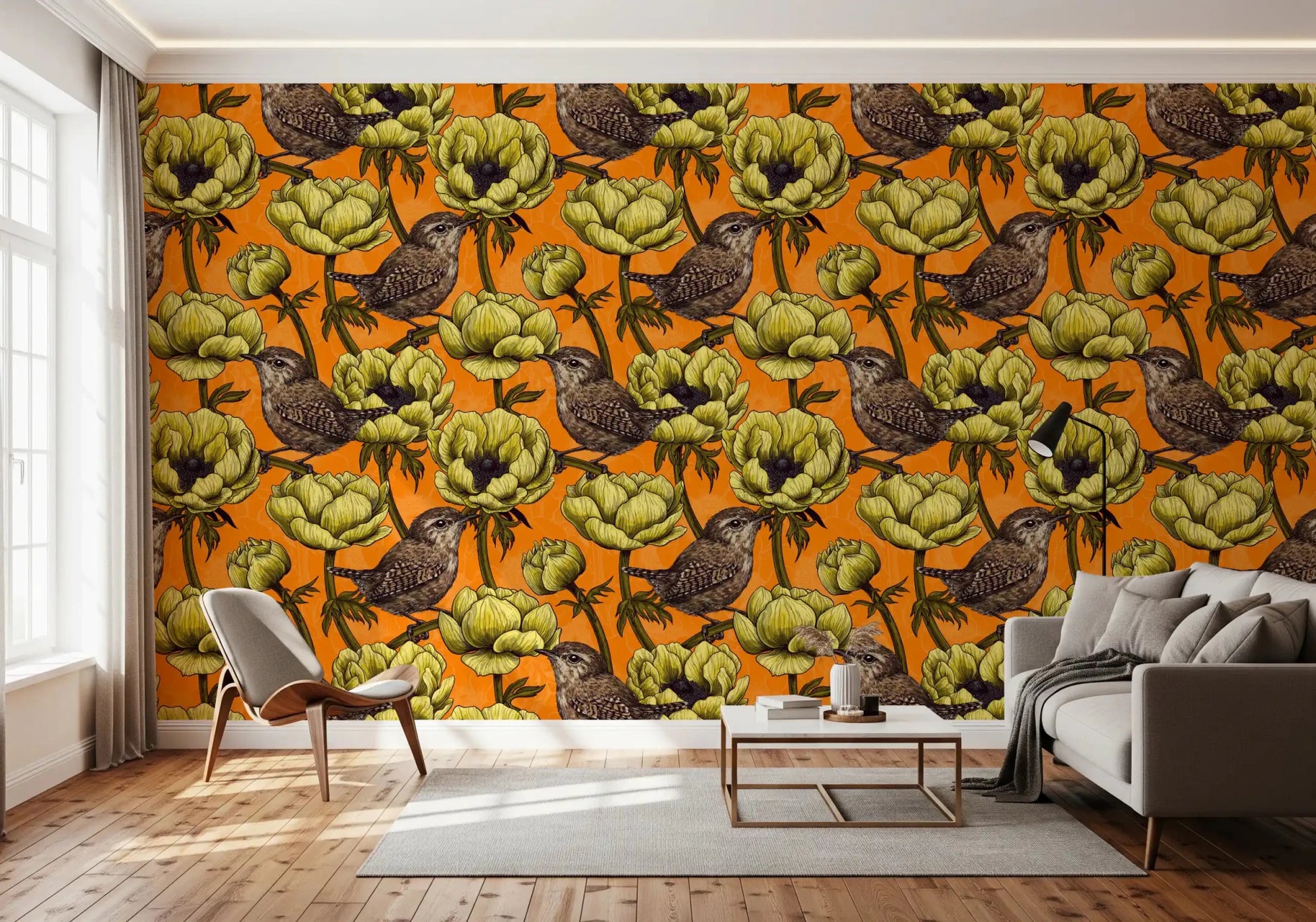 Perched birds in Wrens in the Yellow Anemone wallpaper with leafy stems, GD9301