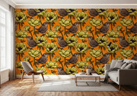 Perched birds in Wrens in the Yellow Anemone wallpaper with leafy stems, GD9301