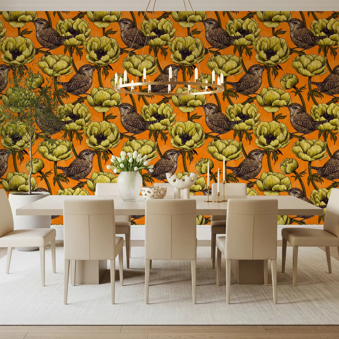 Decorative bird wallpaper with Wrens in the Yellow Anemone blooms