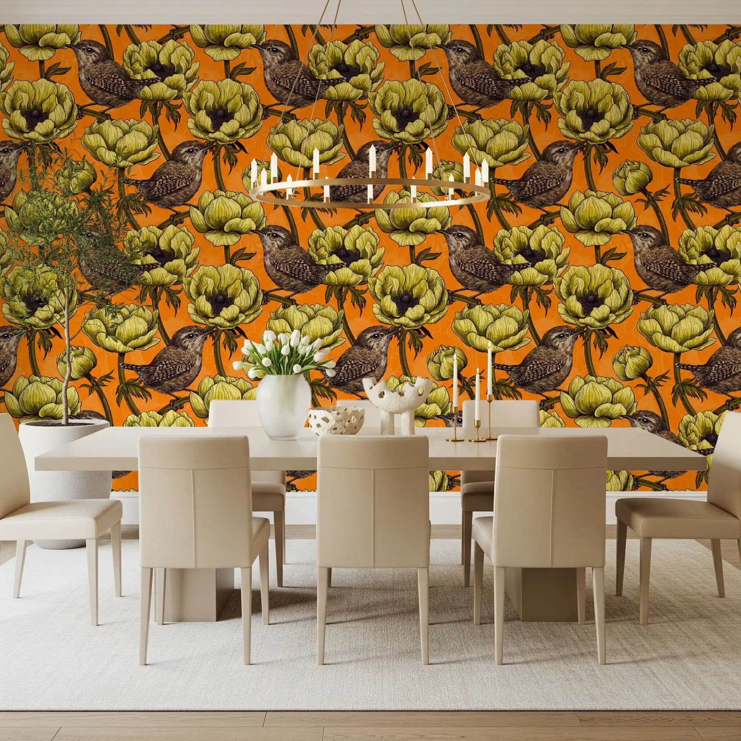 Decorative bird wallpaper with Wrens in the Yellow Anemone blooms, GD9301