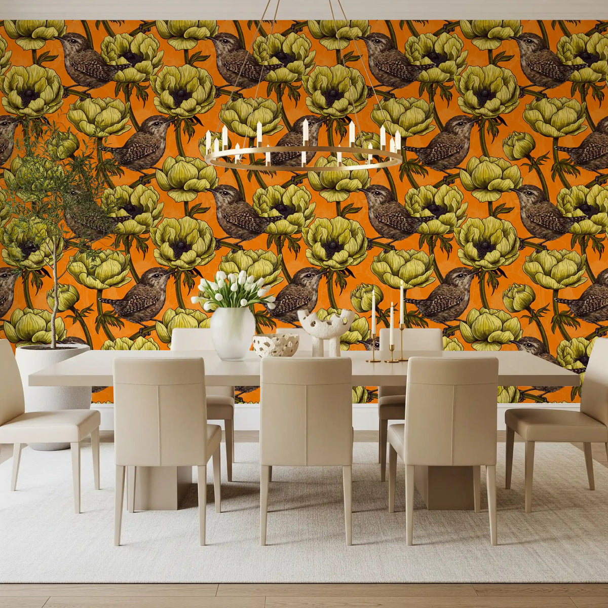 Decorative bird wallpaper with Wrens in the Yellow Anemone blooms, GD9301