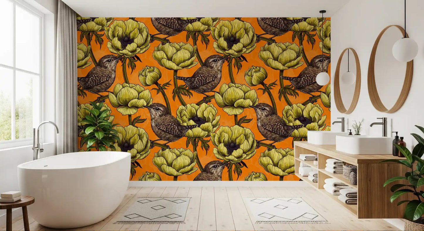 Bathroom space with Wrens in the Yellow Anemone wallpaper on orange ground, GD9301