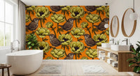 Bathroom space with Wrens in the Yellow Anemone wallpaper on orange ground, GD9301