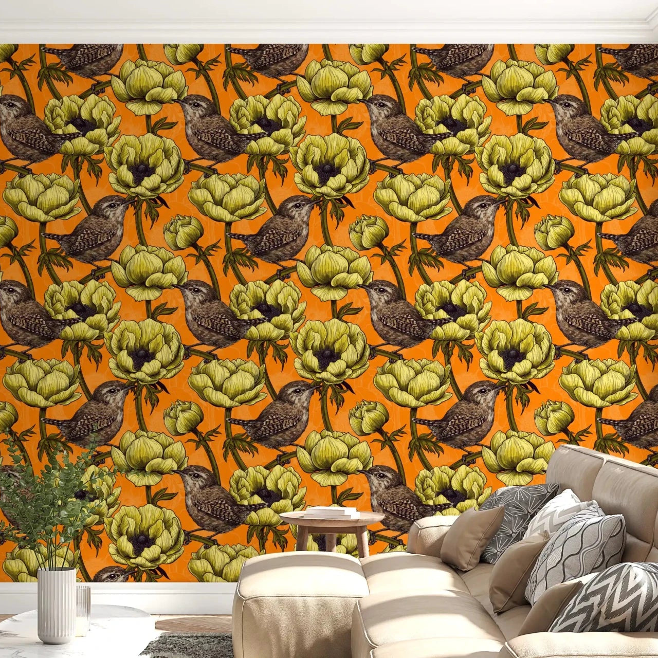 Hallway wall in Wrens in the Yellow Anemone wallpaper and warm florals, GD9301