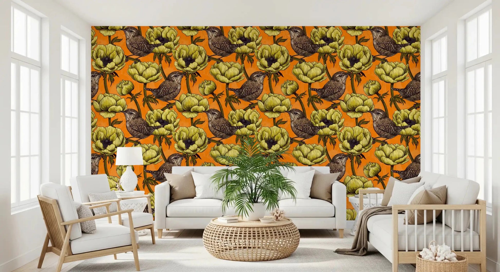 Warm floral wallpaper featuring Wrens in the Yellow Anemone pattern, GD9301