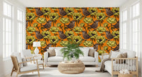 Warm floral wallpaper featuring Wrens in the Yellow Anemone pattern, GD9301