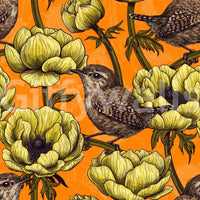 Orange floral wallpaper showing Wrens in the Yellow Anemone and branches, GD9301