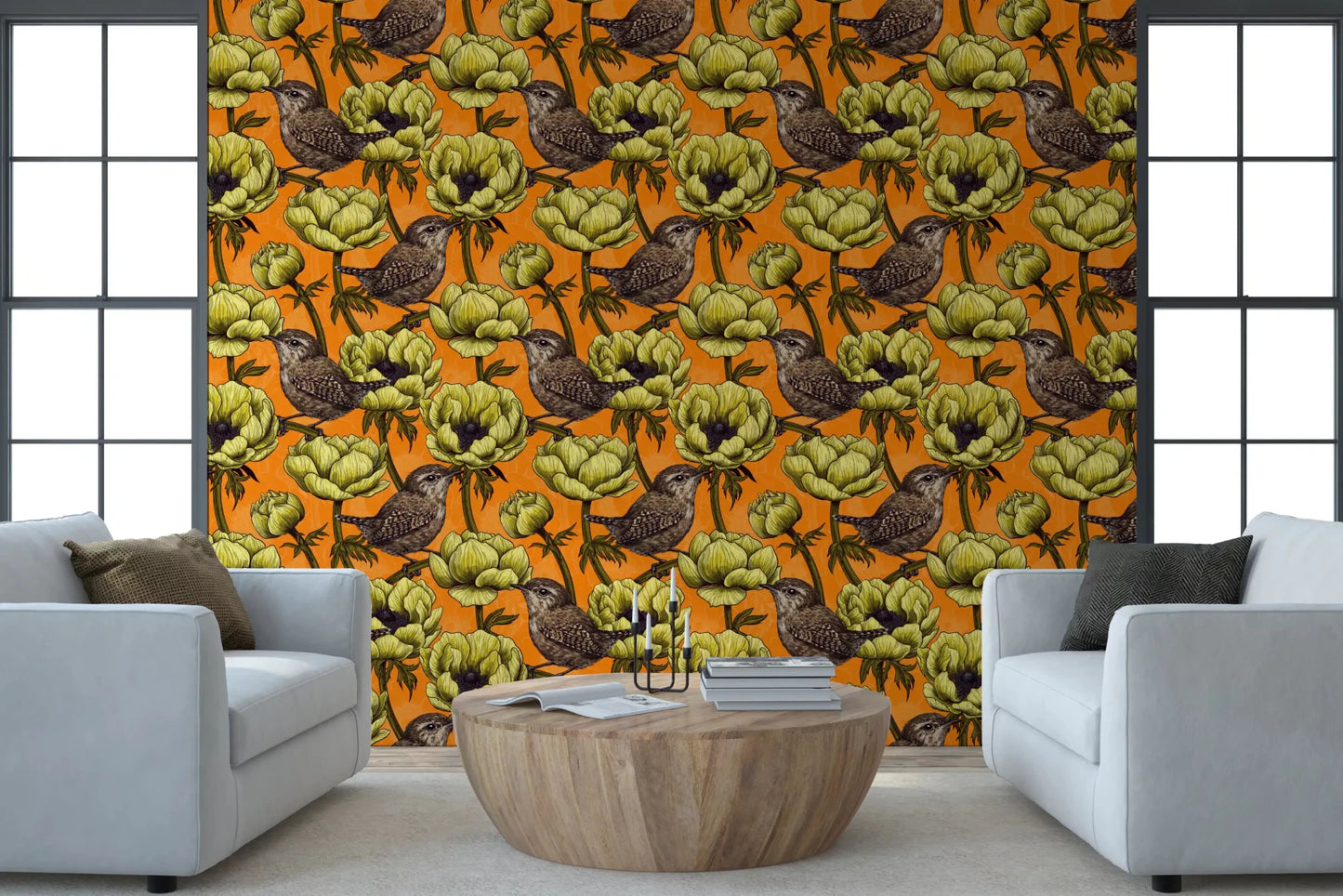 Living room with Wrens in the Yellow Anemone wallpaper and golden blooms, GD9301
