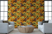 Living room with Wrens in the Yellow Anemone wallpaper and golden blooms, GD9301