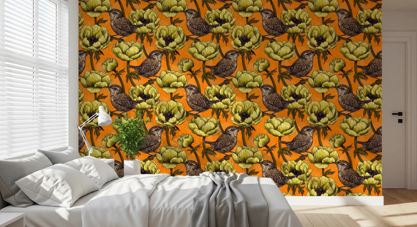 Botanical surface in Wrens in the Yellow Anemone wallpaper with contrast, GD9301