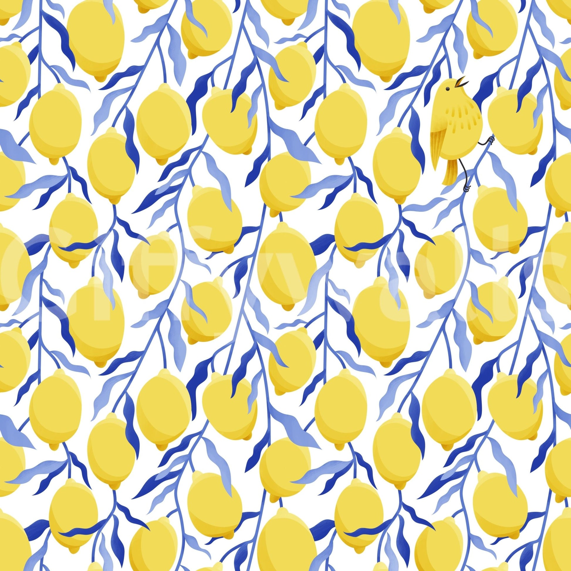 Kitchen wallpaper with lemons and birds

