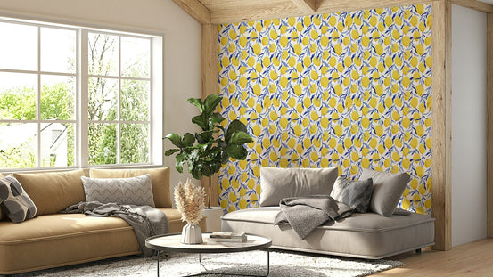 Yellow lemons and blue vines wall design, GD2639