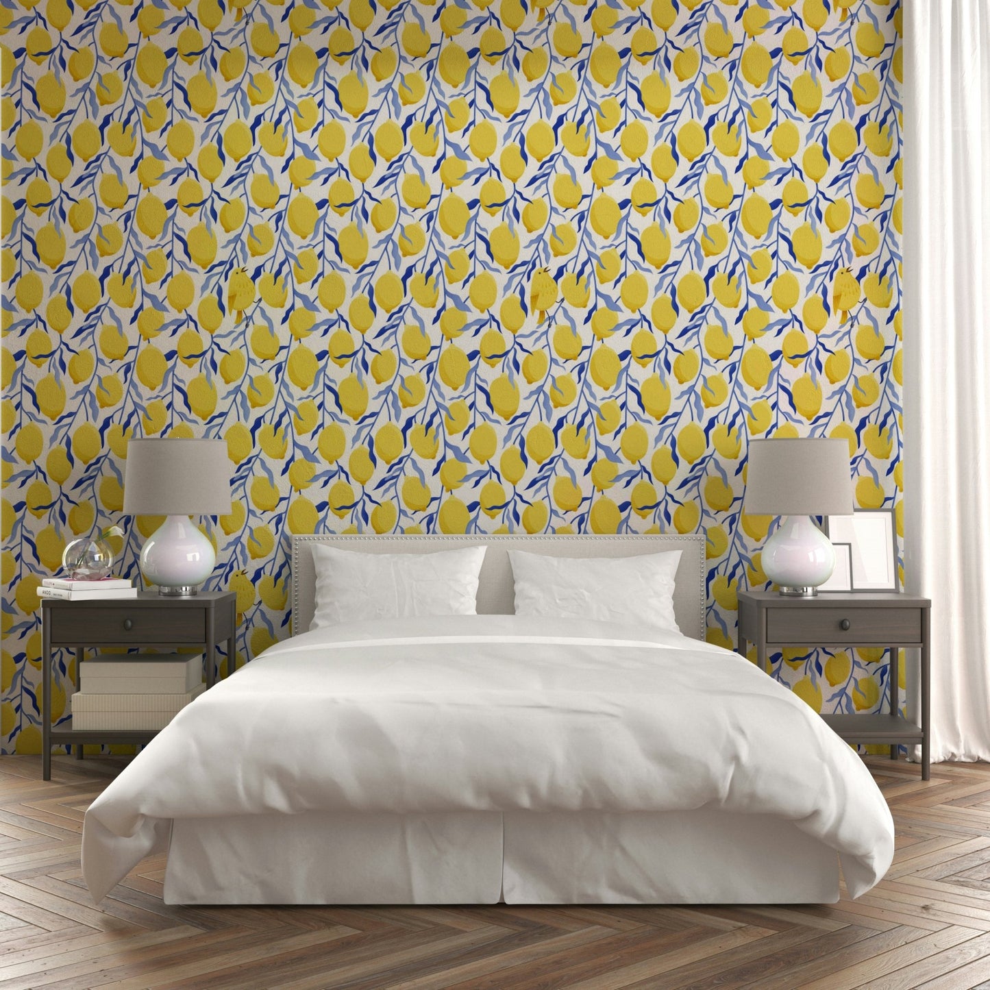 Blue and yellow fruit wall pattern

