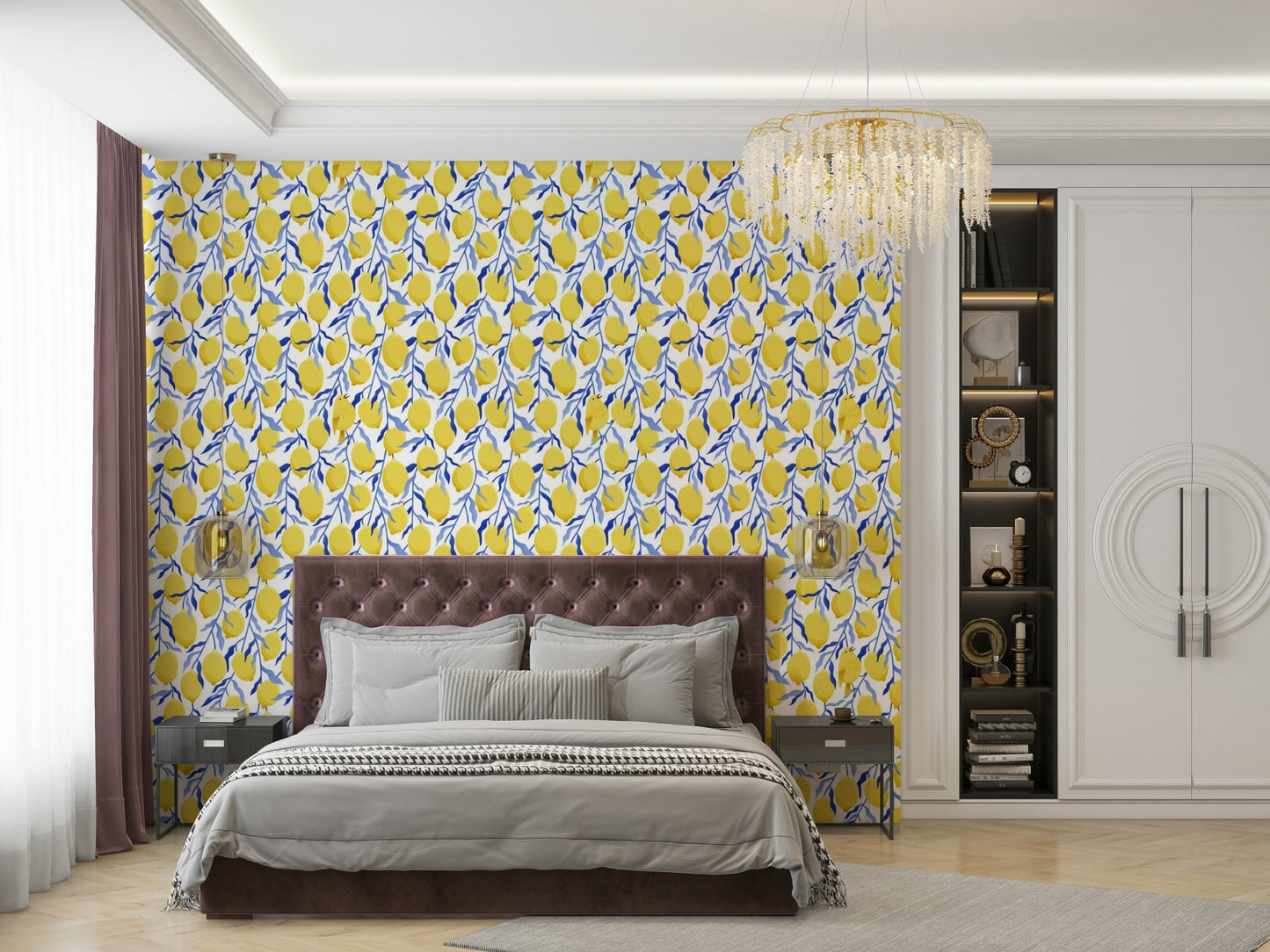 Playful citrus wallpaper with bird detail

