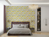 Playful citrus wallpaper with bird detail

