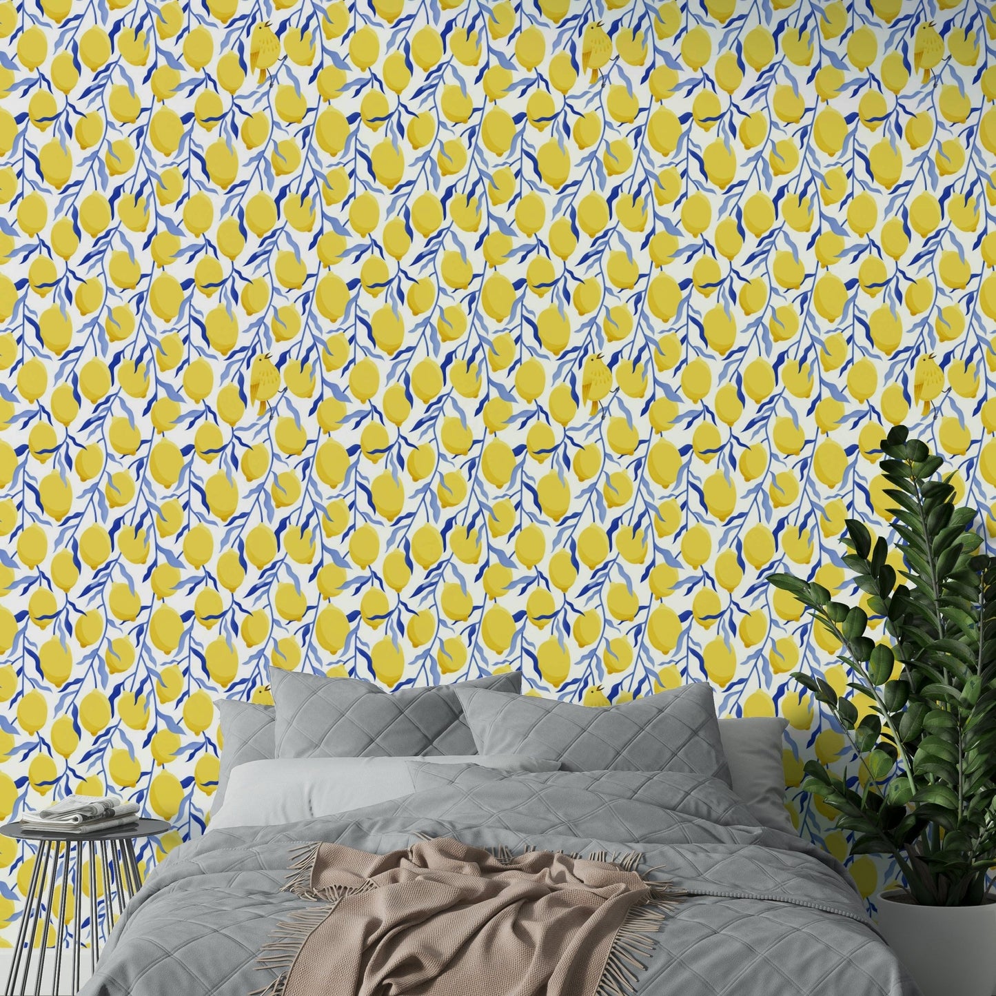 Yellow bird on lemon branch wallpaper

