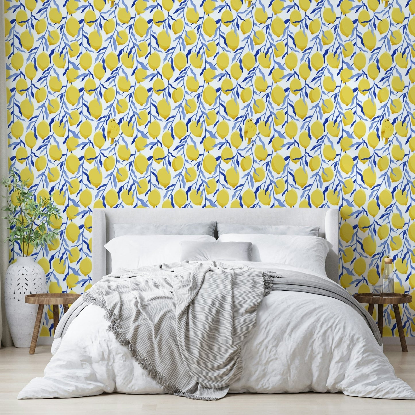 Illustrated lemons and leaves wallpaper

